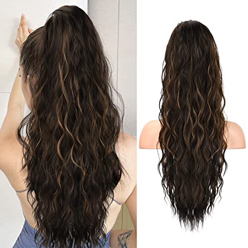 HOOJIH Ponytail Extension Drawstring Ponytail Hair Extensions 26 Inch Long Curly Wavy Ponytail Natural Wavy Synthetic Hairpiece for Women Daily Use  Black Brown with highlights