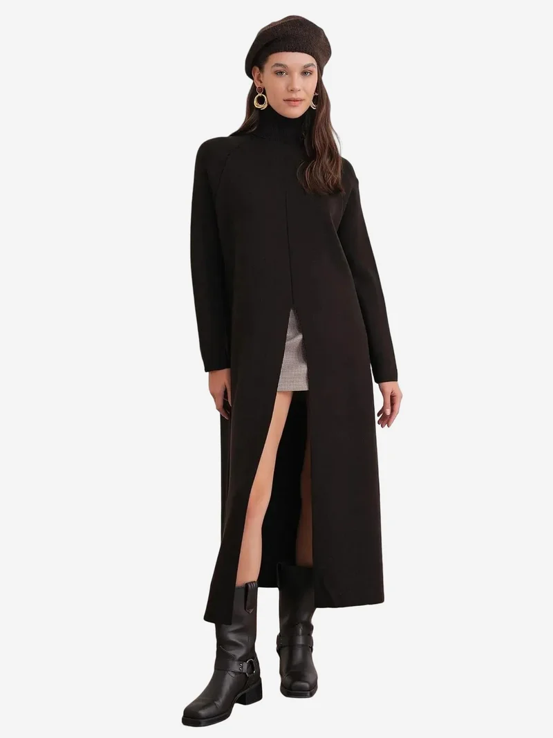 Mixray Coffee Brown MIXRAY Turtleneck Knit Maxi Dress with Slit for Women | Best Price UAE