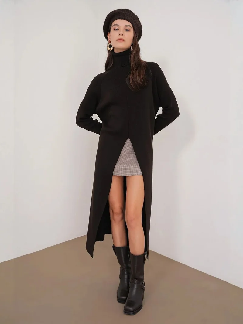 Mixray Coffee Brown MIXRAY Turtleneck Knit Maxi Dress with Slit for Women | Best Price UAE