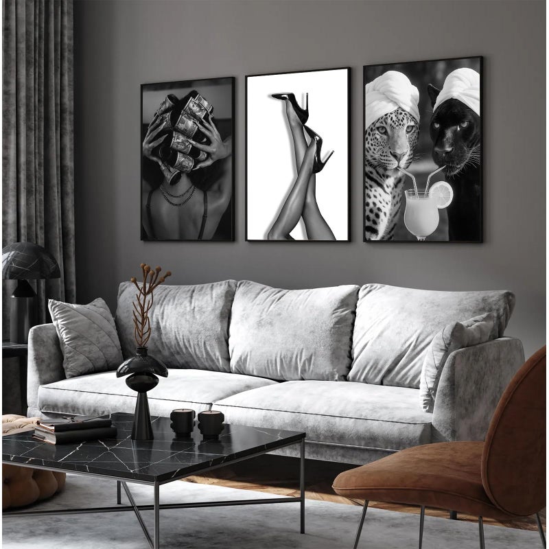 Youillne Black White Leopard Wall Art Trendy Cheetah Canvas Wall Decor Fashion Cocktail Poster Pictures Cheetah Stylish Prints Heels Painting for Bathroom Bedroom 12x16 Inch Unframed Set of 3 - Image 3