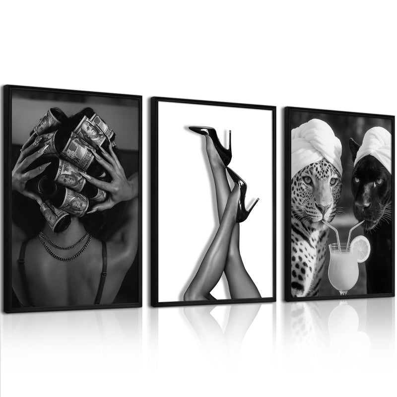 Youillne Black White Leopard Wall Art Trendy Cheetah Canvas Wall Decor Fashion Cocktail Poster Pictures Cheetah Stylish Prints Heels Painting for Bathroom Bedroom 12x16 Inch Unframed Set of 3 - Image 1