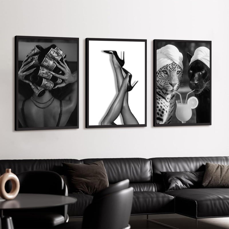 Youillne Black White Leopard Wall Art Trendy Cheetah Canvas Wall Decor Fashion Cocktail Poster Pictures Cheetah Stylish Prints Heels Painting for Bathroom Bedroom 12x16 Inch Unframed Set of 3 - Image 4