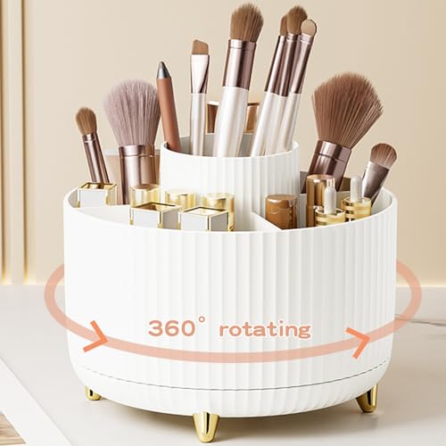 Zeinwap 360° Rotating Makeup Brush Holder Organizer, Makeup Organizers Countertop, Makeup Organization Skincare Storage for Vanity, Desktop, Bathroom (White) - Image 1