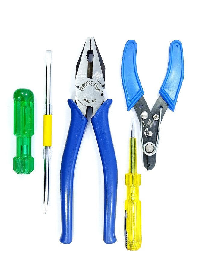 PERFECT TECH Lineman Tools Set 4 Pcs 2 in 1 | Combination Plier 8 Inch | Wire Stripper 5 inch | Tripper Line Tester | Screw Driver | Hand Tool Steel | Plier Tool Kit Set - Image 1