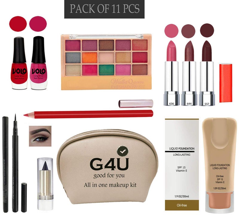 G4U All in One (11 in 1) Makeup Kit With 2 Nail Polishs,3 Lipsticks,Eyeshadow,Penliner,Kajal, Lipliner,Foundation,Pouch Women Gift Set Makeup Kit 18032021A95 - Image 1