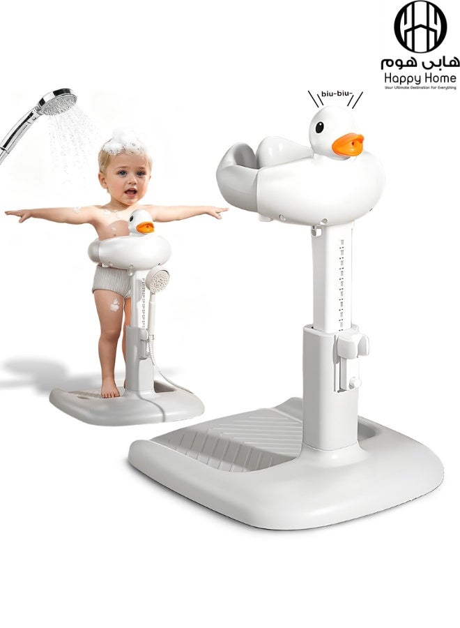 Happy Home Adjustable Baby Bath Stand with Non-Slip Base and Cute Duck Design, Standing Baby Shower Support Seat with Safety Chest Ring and Balance Handle, Foldable Compact Baby Bath Aid, Durable Plastic Construction, Shower Holder Included, Ideal for Infants and Toddlers 6–36 Months - Image 1