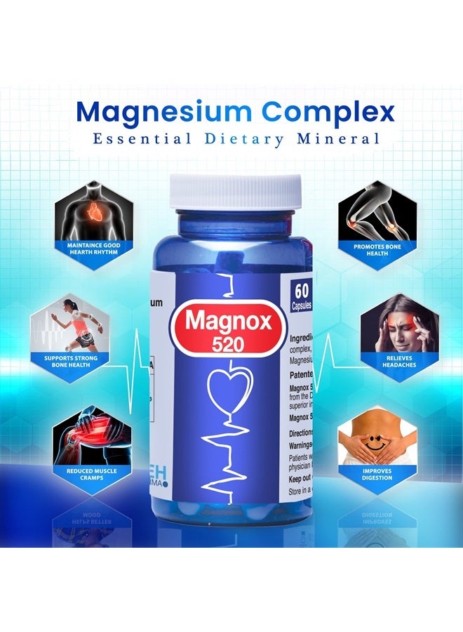 MAGNOX 520 - Magnesium Supplement 520mg of High Absorption Magnesium for Men & Women with Dead Sea Minerals - Magnesium for Sleep & Muscle Pain Relief, Vegan, Kosher, Halal & Gluten-Free (60 Caps) - Image 2