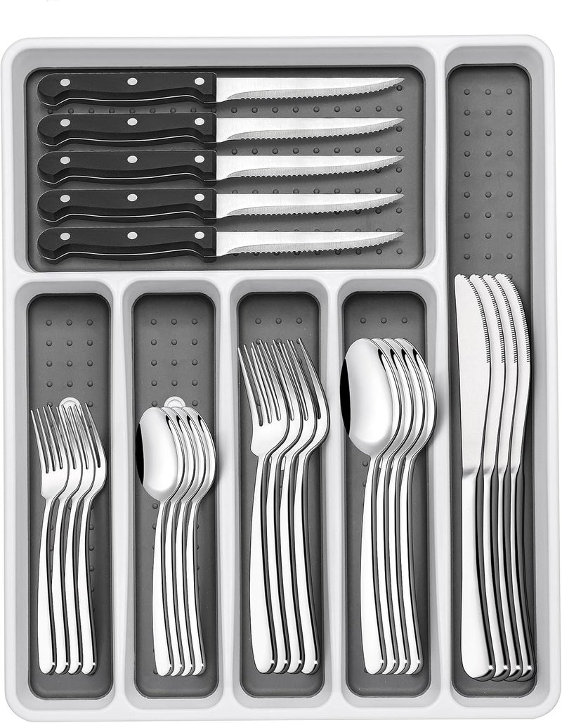 EWFEN 49Piece Silverware Set with Organizer Heavy Duty Stainless Steel Flatware for 8 Cutlery Utensil Sets with Steak Knives Rustproof Mirror Polished Dishwasher Safe - Image 1