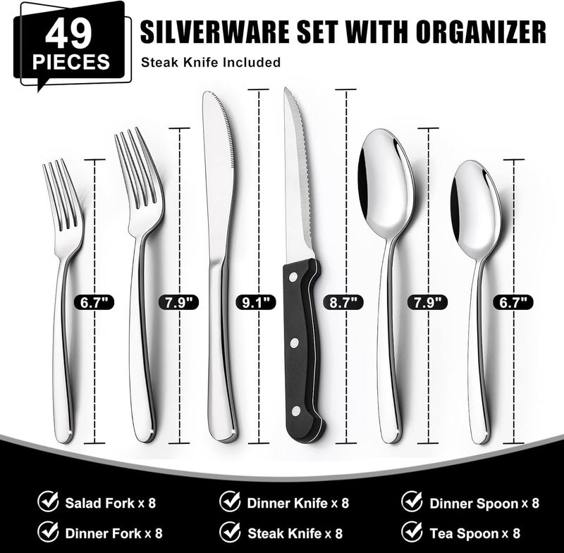 EWFEN 49Piece Silverware Set with Organizer Heavy Duty Stainless Steel Flatware for 8 Cutlery Utensil Sets with Steak Knives Rustproof Mirror Polished Dishwasher Safe - Image 2