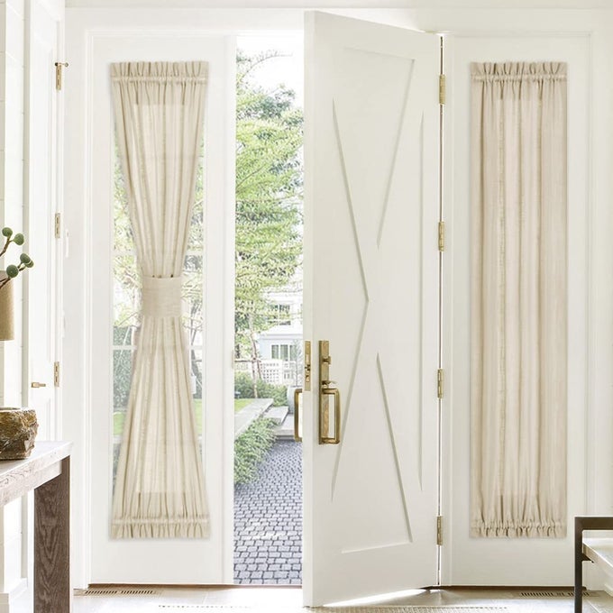 FRONT DOOR CURTAIN 30 WIDE BY 72 LONG SOFT BEIGE FAUX LINEN WEAVE PATTERN FABRIC FOR WINDOWS ROD POCKET BLINDS FOR ENTRYWAYGARAGE WITH GATHER TIEBACK