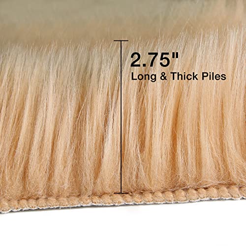 duduta Beige Faux Sheepskin Throw Rug 2x3 ft, Fluffy Shag Fur Chair Cover Small Bedside Dorm Rug Non Slip Machine Washable - Image 3