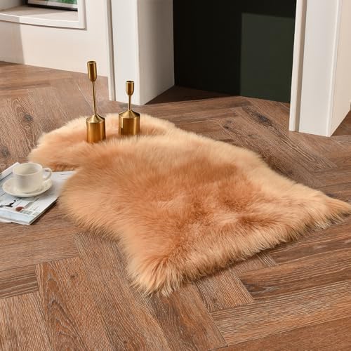 duduta Beige Faux Sheepskin Throw Rug 2x3 ft, Fluffy Shag Fur Chair Cover Small Bedside Dorm Rug Non Slip Machine Washable - Image 1