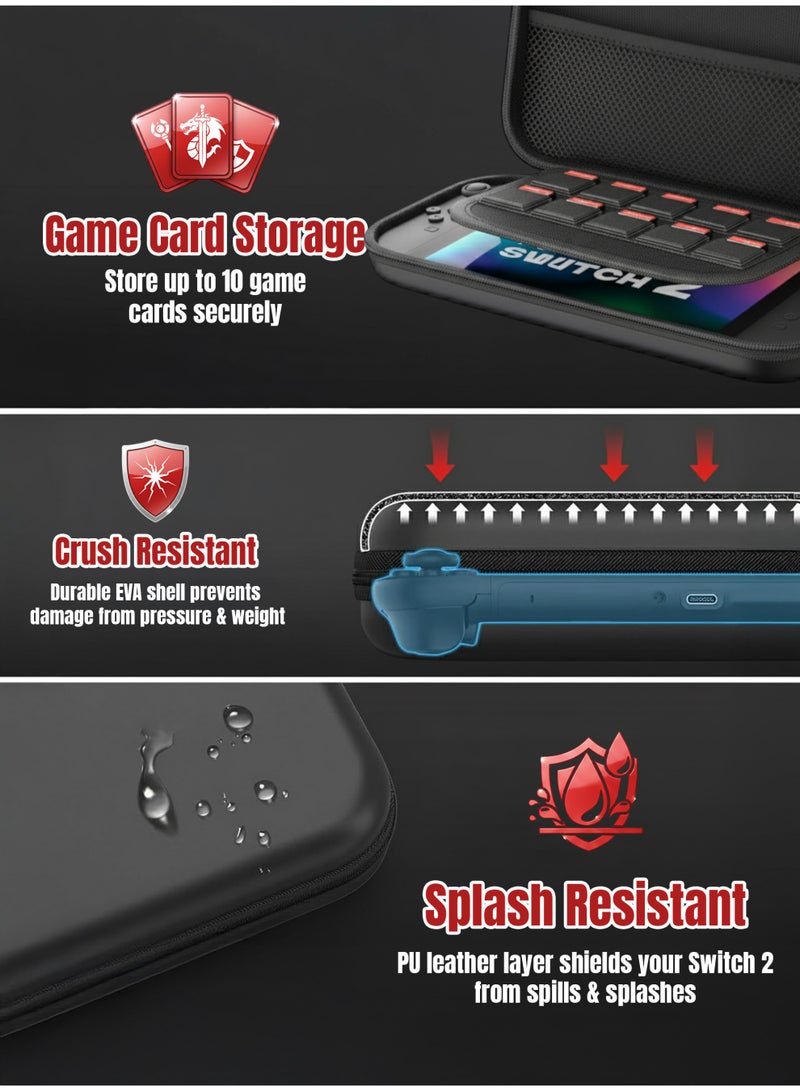 أركس حقيبة حمل لجهاز سويتش 2 + أغطية عصا تحكم مجانية – حقيبة سفر بغطاء صلب وبطانة ناعمة، تحتوي على 10 فتحات للألعاب، مقاومة للصدمات ورذاذ الماء، سهلة الحمل بمقبض - Image 4