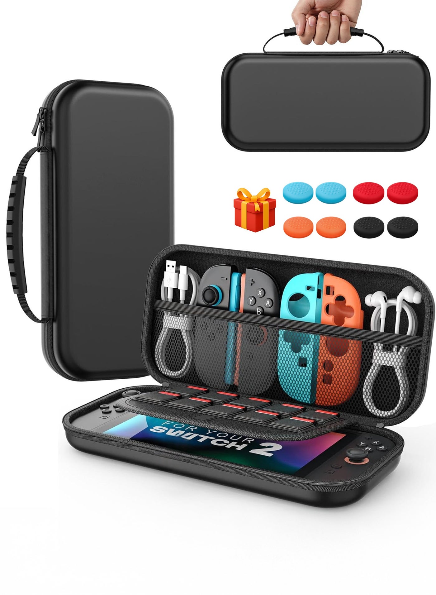 Switch 2 Carrying Case + Free Joystick Covers - Protective Hard Shell Travel Bag with Soft Lining, 10 Game Card Slots, Shockproof & Splash Resistant, Portable Handle