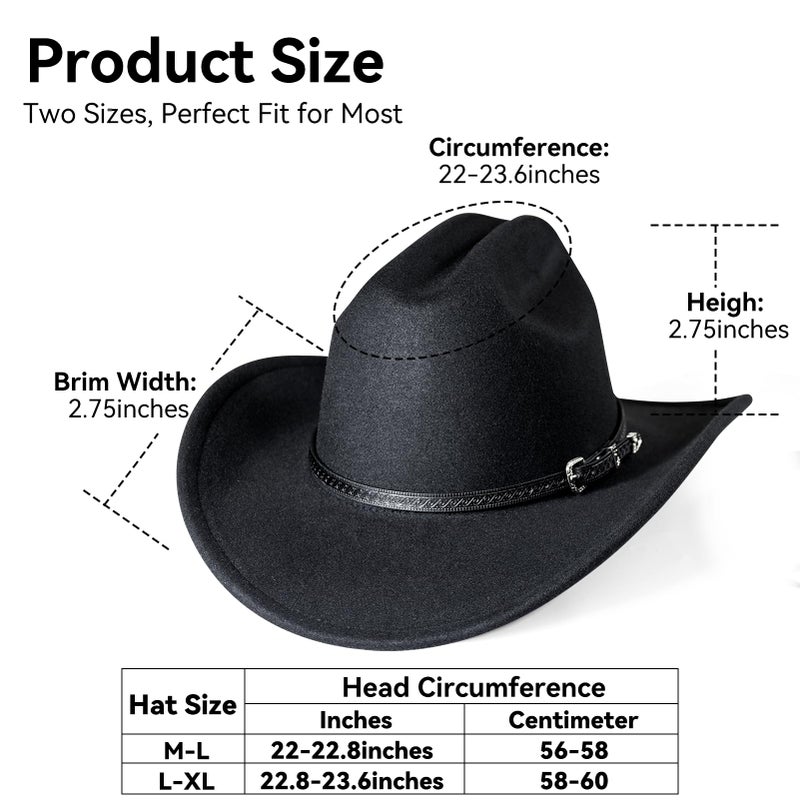 WAYCOM Cowboy Hat for Men: Western Wide Brimmed for Cowgirl - 2 Decorative Band for Men Women - Felt Hats for Party/Festival (Black, Large) - Image 3