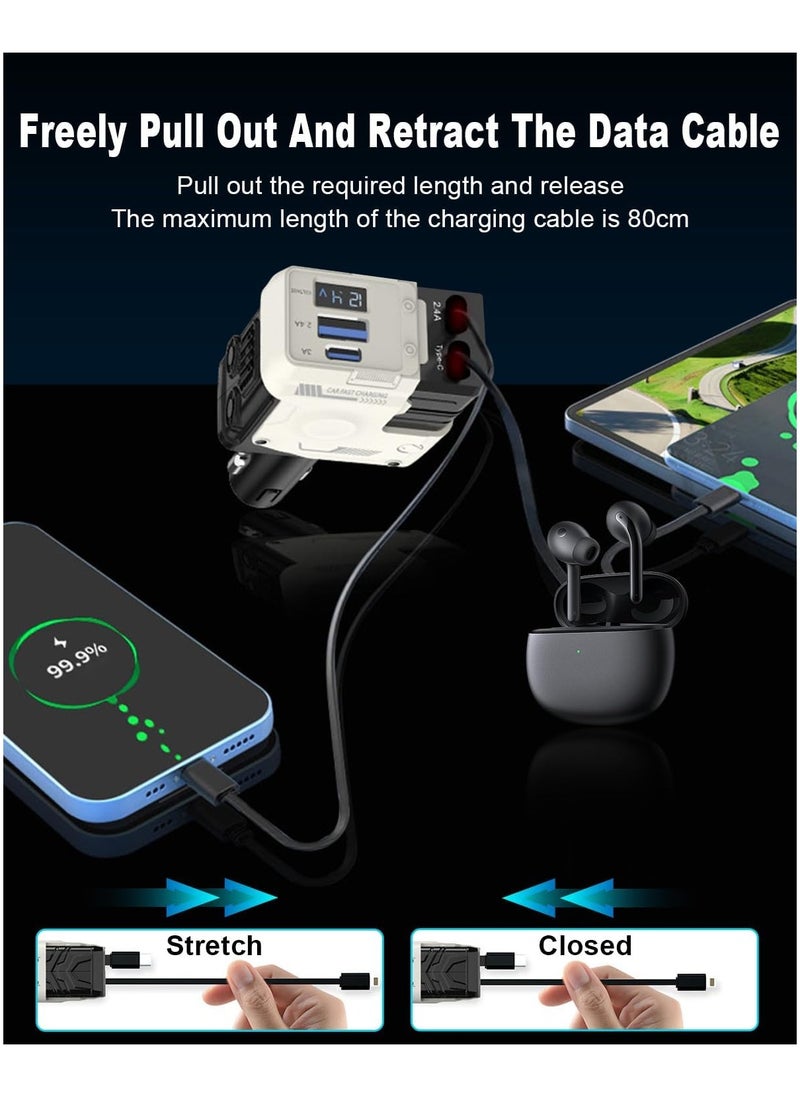 Raxoom - Retractable Car Charger 4 in 1,Fast Car Charger 66W,2 Retractable Cable with Type-C Ports and USB Charging Ports Upgraded Car Charger for iPhone 15/14/13/12/11,Samsung,Google Pixel（V-White） - Image 1
