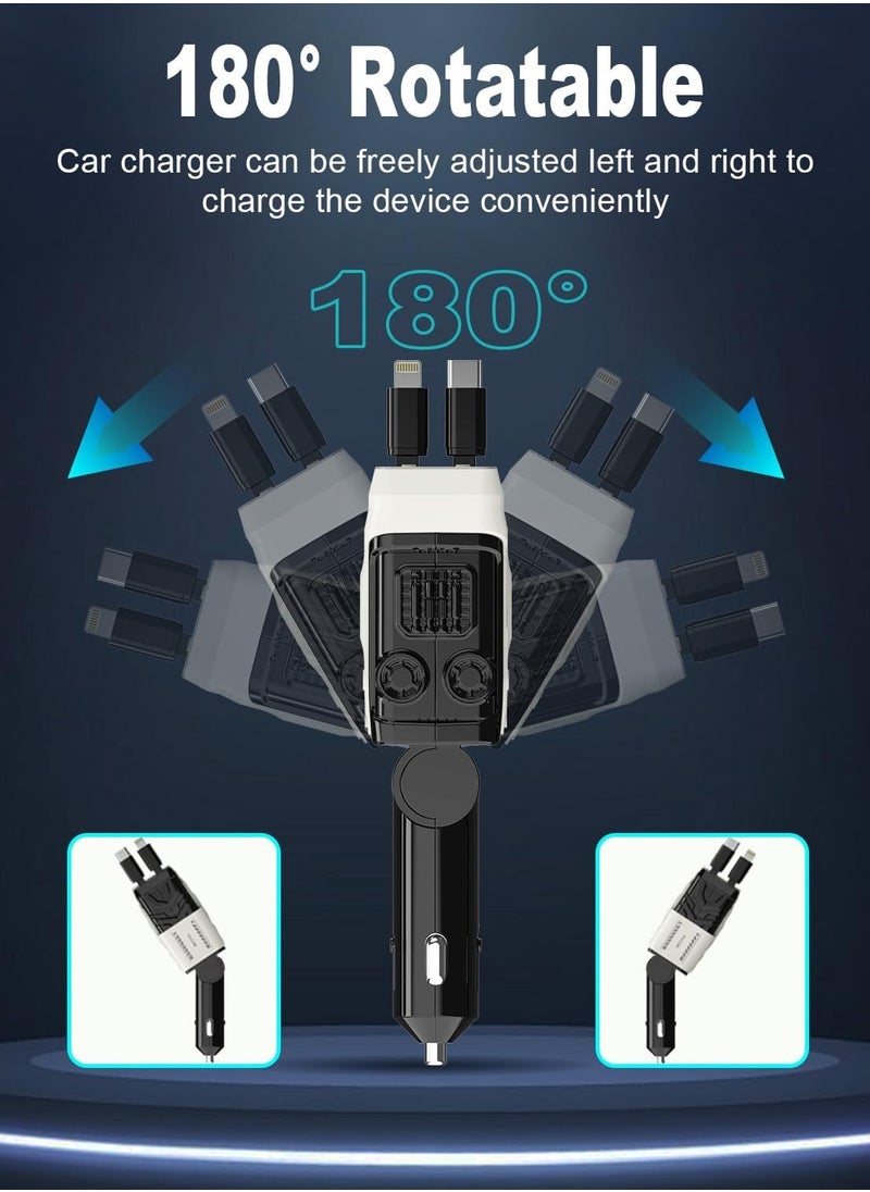 Raxoom - Retractable Car Charger 4 in 1,Fast Car Charger 66W,2 Retractable Cable with Type-C Ports and USB Charging Ports Upgraded Car Charger for iPhone 15/14/13/12/11,Samsung,Google Pixel（V-White） - Image 1