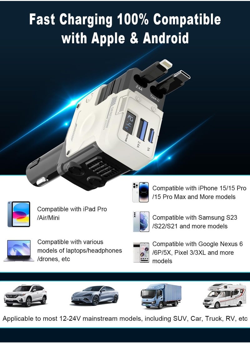 Raxoom - Retractable Car Charger 4 in 1,Fast Car Charger 66W,2 Retractable Cable with Type-C Ports and USB Charging Ports Upgraded Car Charger for iPhone 15/14/13/12/11,Samsung,Google Pixel（V-White） - Image 1