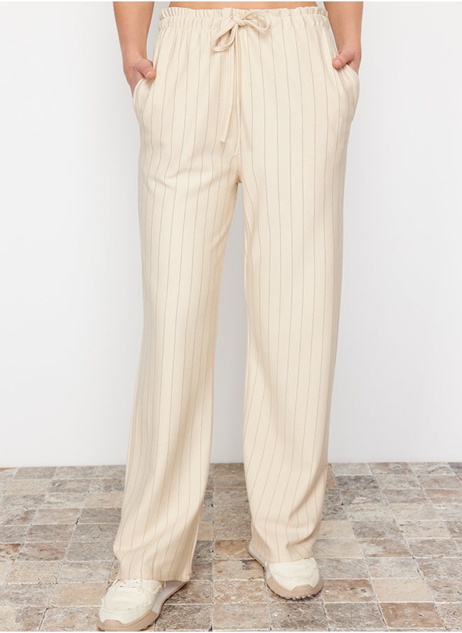 trendyol Beige Thick Striped Straight/Straight Cut Stretch Trousers TWOSS24PL00072  - Image 4