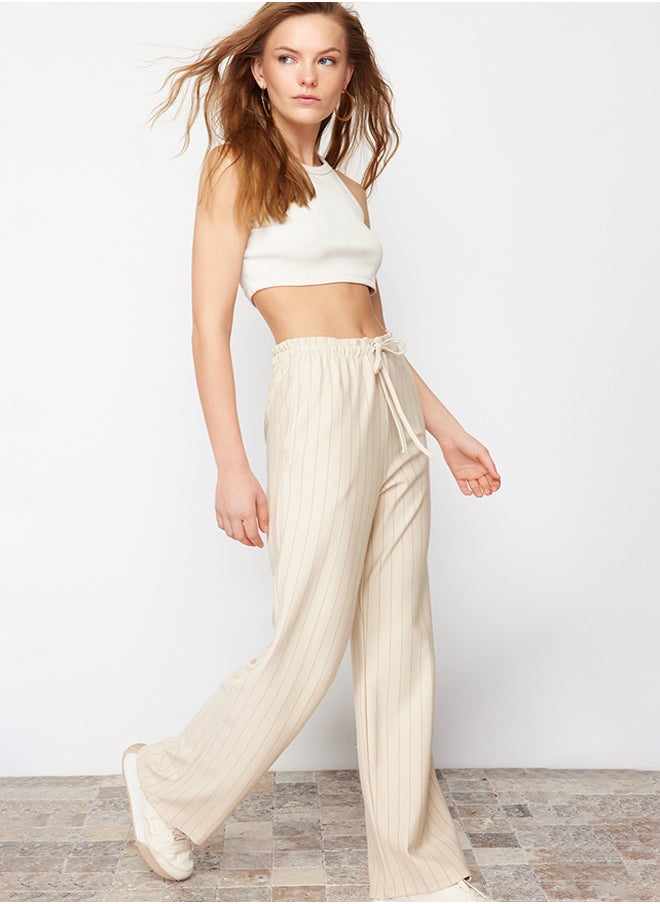 trendyol Beige Thick Striped Straight/Straight Cut Stretch Trousers TWOSS24PL00072  - Image 1