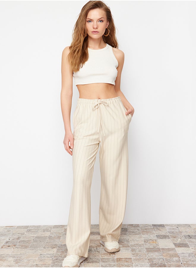 trendyol Beige Thick Striped Straight/Straight Cut Stretch Trousers TWOSS24PL00072  - Image 2