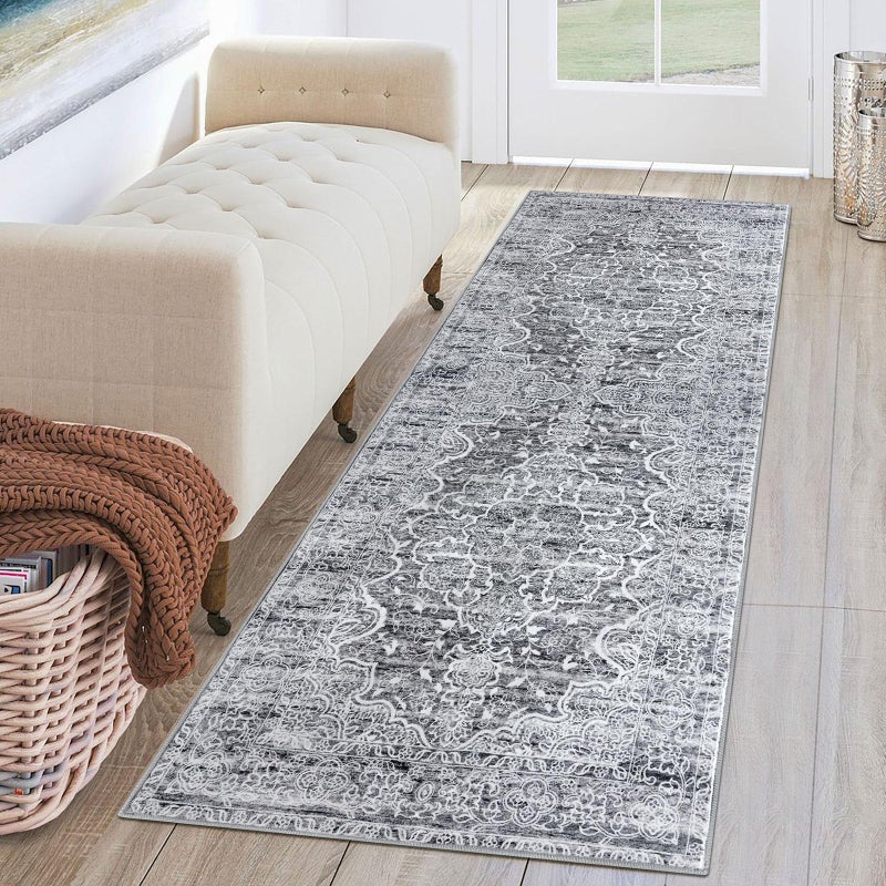 KUTA Hallways Runner Rug 2x6 Grey Blue White Vintage Floral Rugs NonSlip Washable Kitchen Runners Soft Printed Retro Flower Entryway Carpet for Bedroom Laundry Entryway Hallway - Image 2