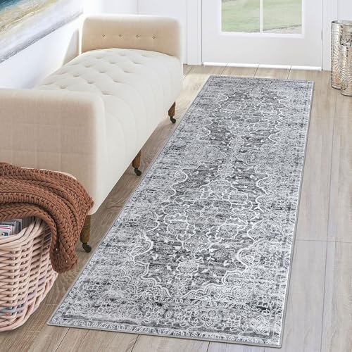 KUTA Hallways Runner Rug 2x6 Grey Blue White Vintage Floral Rugs NonSlip Washable Kitchen Runners Soft Printed Retro Flower Entryway Carpet for Bedroom Laundry Entryway Hallway - Image 1