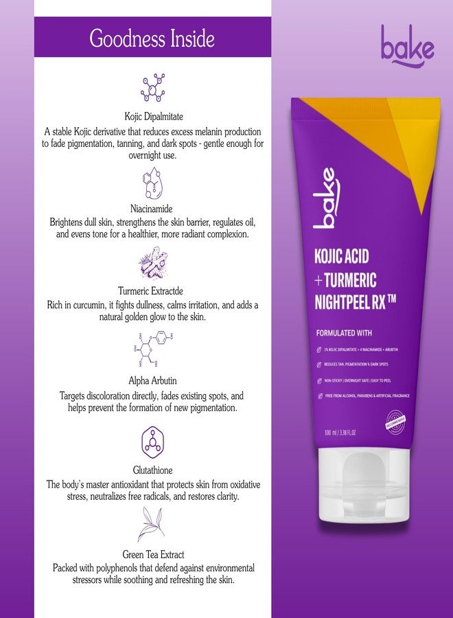 BAKE 1% Kojic Acid Night Peel Off Mask with Niacinamide & Turmeric | Reduces Pigmentation, Dark Spots & Tan | Overnight Peel Technology | Skin Brightening, Instant Glow - 100g (Collagen, 100.00 ml) (Kojic Acid) - Image 5