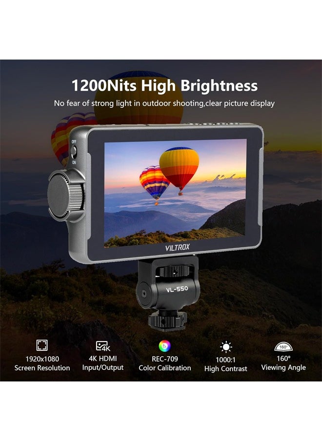 VILTROX - VILTROX 5.5 Inch 1200nits 4K 10bit HDMI Field Monitor, Touchscreen 3D LUT Portable Video Field Monitor Kit , On-Camera RGB Parade Histogram Waveform Focus Assist Monitor (DC-550 Pro) - Image 1