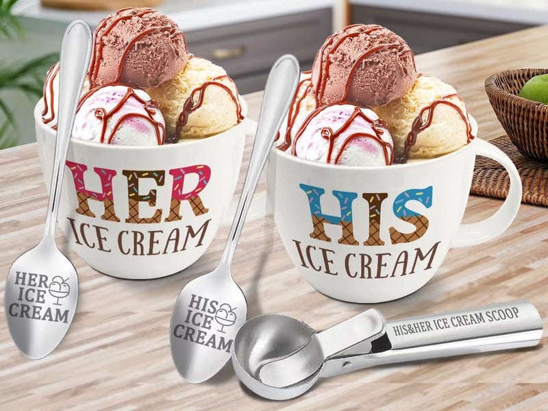 FUTBU Anniversary Couple Gift Ice Cream Bowls and Spoon Scoop Set His and Hers Gifts Mothers Day Couples His Her Ice Cream Accessories Bowl Present Unique Wedding Gift 2025 for Friends