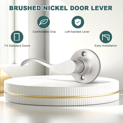GOBEKOR 2 Pack Brushed Nickel Single Dummy Door Handles Wave Left-Handed Door Lever Non-Turning Lock Interior Closet French Door Handle - Image 2