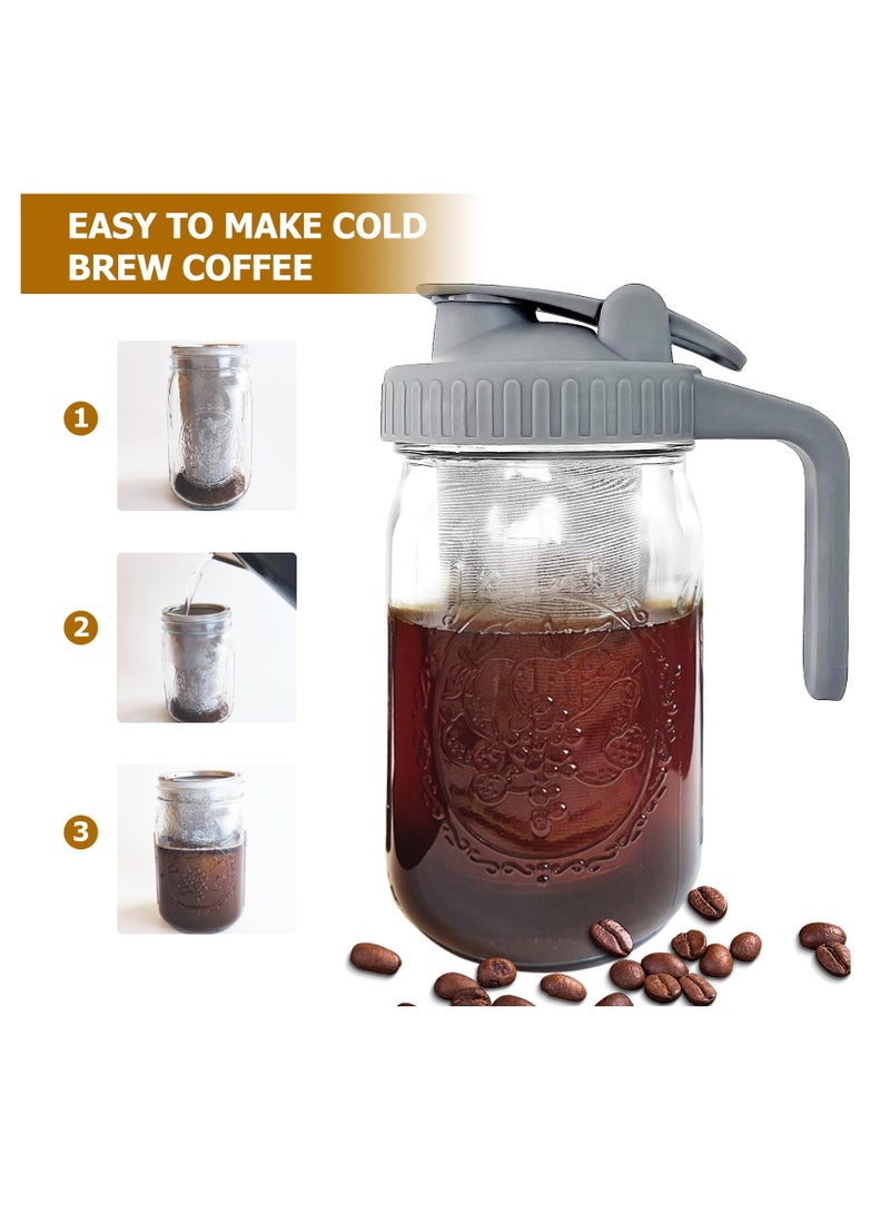 Zikra Cold Brew Coffee Maker Mason Jar,32 oz Iced Coffee Pitcher With Stainless Steel Filter,Wide Mouth Cold Brew Pitcher for Iced Coffee, Lemonade, Ice Tea, Fruit Drinks(Grey) - Image 4