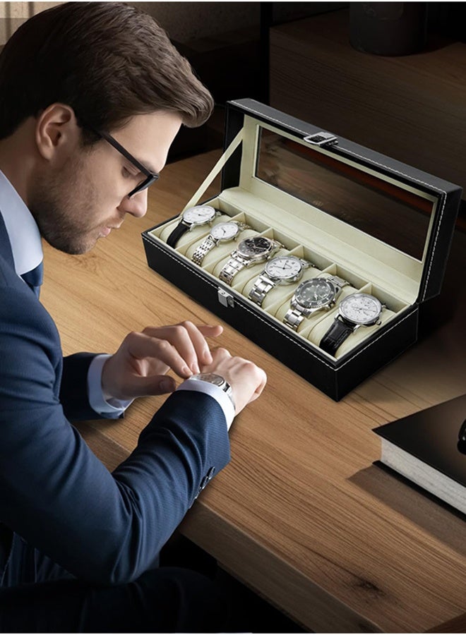 رولستيمي 6 فتحة صندوق ساعة بو الجلود قابل للقفل عرض ساعة تخزين صناديق مع سطح زجاجي ، قابل للتعديل مجوهرات المنظم ساعات يد حامل - Image 3