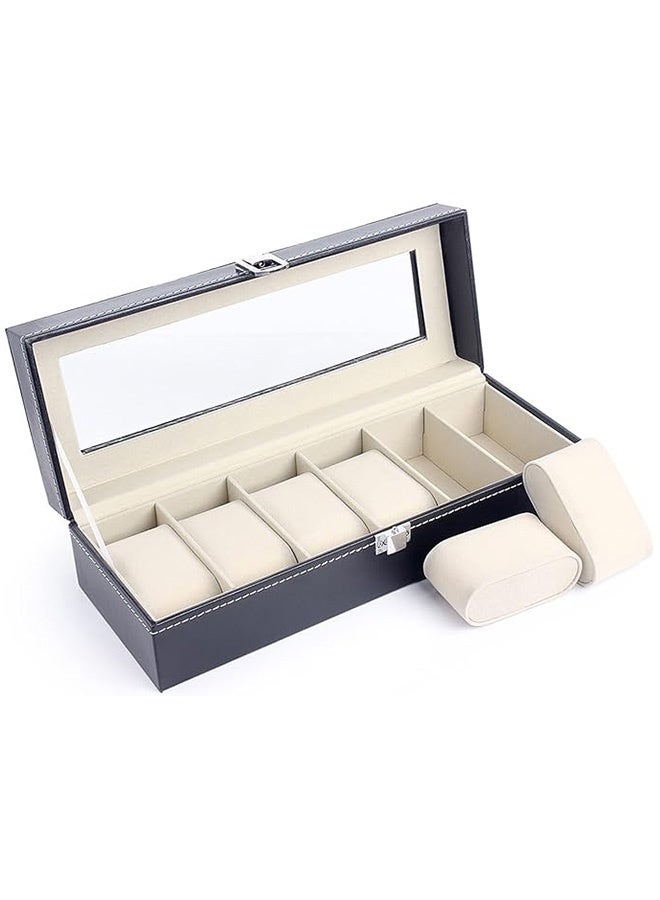 رولستيمي 6 فتحة صندوق ساعة بو الجلود قابل للقفل عرض ساعة تخزين صناديق مع سطح زجاجي ، قابل للتعديل مجوهرات المنظم ساعات يد حامل - Image 5