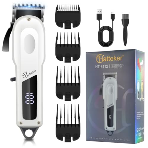 Hatteker HT-6112 Professional Hair Clipper Digital Display with Stainless Steel Blade, Fine Adjustment Gear, LED Display, USB Charging, 4 guide combs Taper Lever, 240 Min Runtime, White - Image 1