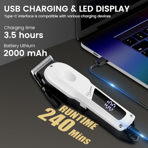 Hatteker HT-6112 Professional Hair Clipper Digital Display with Stainless Steel Blade, Fine Adjustment Gear, LED Display, USB Charging, 4 guide combs Taper Lever, 240 Min Runtime, White - Image 2