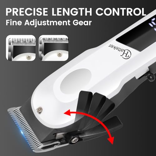 Hatteker HT-6112 Professional Hair Clipper Digital Display with Stainless Steel Blade, Fine Adjustment Gear, LED Display, USB Charging, 4 guide combs Taper Lever, 240 Min Runtime, White - Image 3