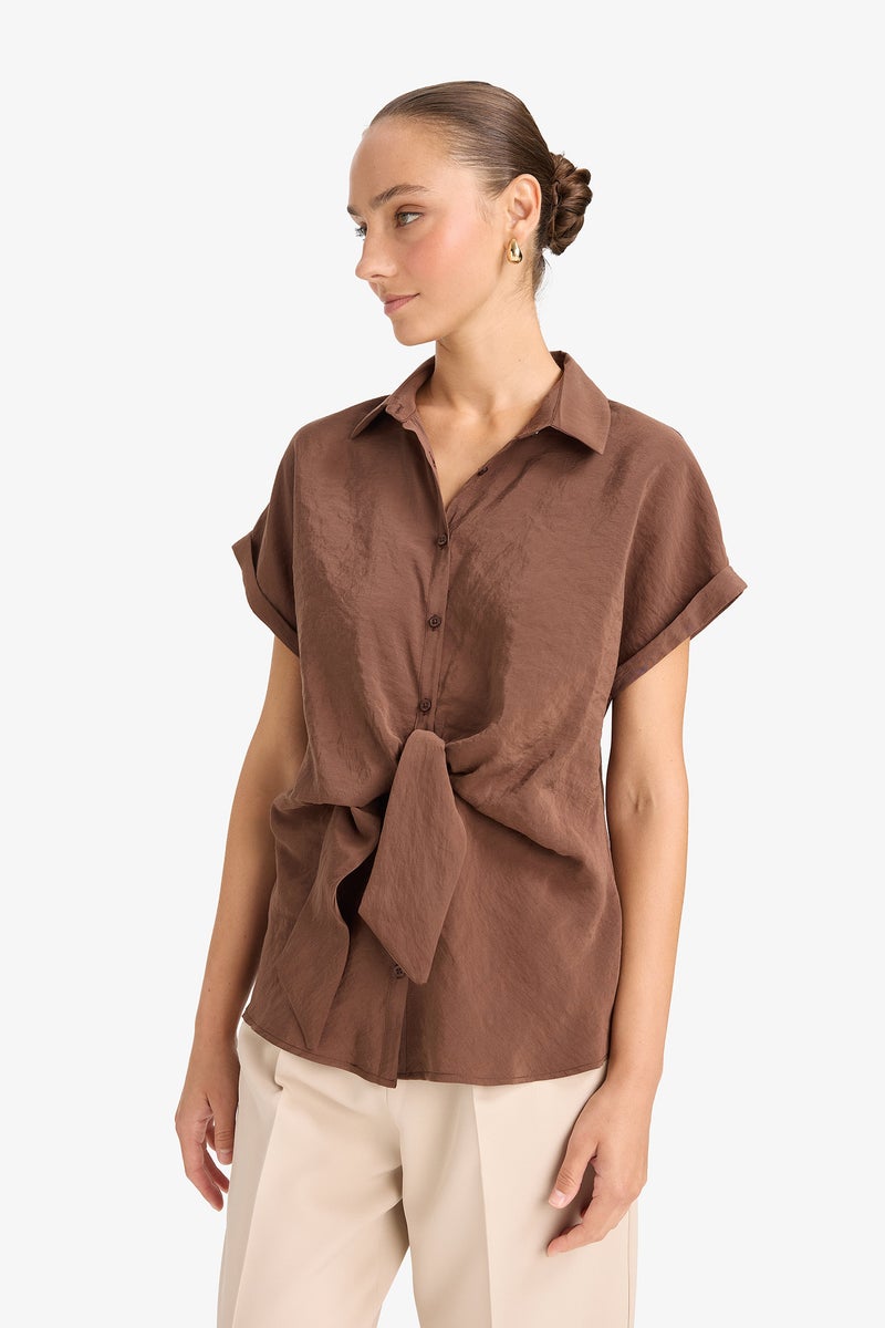 DeFacto Brown Woman Regular Fit Shirt Collar Short Sleeve Blouse Casual - Image 3