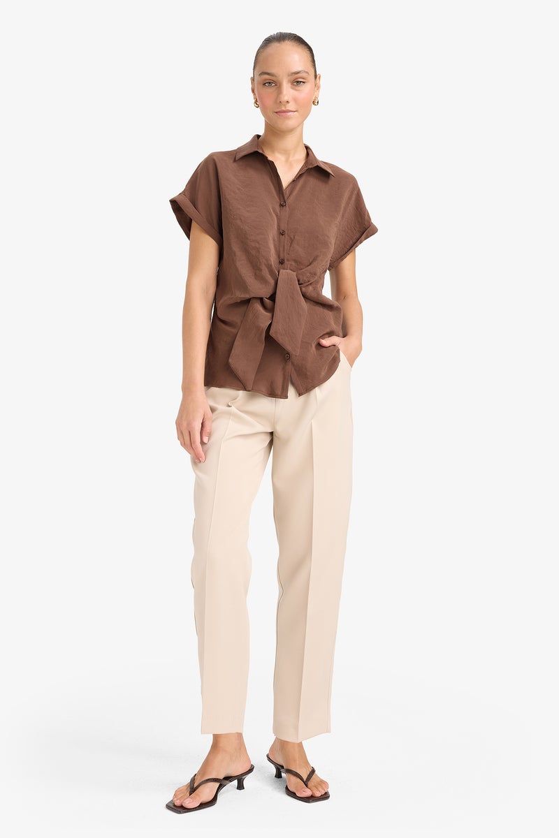 DeFacto Brown Woman Regular Fit Shirt Collar Short Sleeve Blouse Casual - Image 2