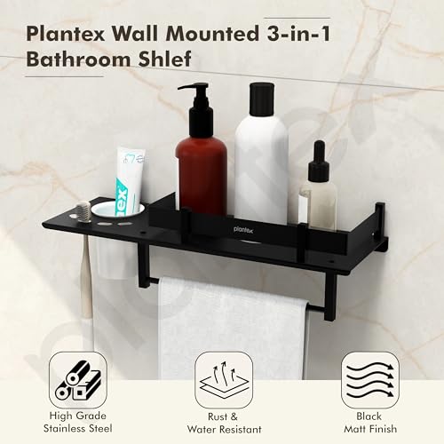 Plantex Bathroom Stainless Steel Organizer/3in1Bathroom Accessories Set Stainless Steel/Rack/Towel Hanger/Tumbler Holder/Multipurpose Bathroom Racks and Shelves (15 x 6 Inches-Matt Black) - Image 3