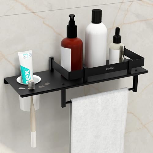 Plantex Bathroom Stainless Steel Organizer/3in1Bathroom Accessories Set Stainless Steel/Rack/Towel Hanger/Tumbler Holder/Multipurpose Bathroom Racks and Shelves (15 x 6 Inches-Matt Black) - Image 1