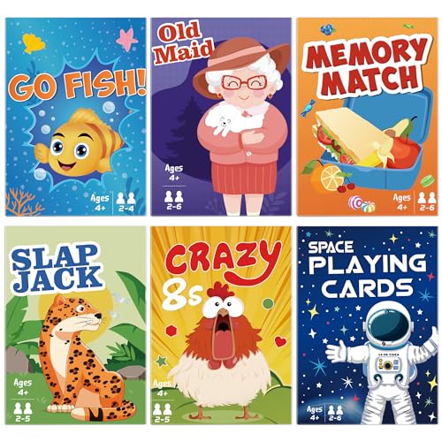Timenued Card Games6 DecksGo FishOld MaidCrazy 8sMemory MatchSlap JackSpace Playing CardsFun Game Cards for Kids Toddlers and AdultsFamily Party Table Games Stocking Stuffers Gifts for Kids - Image 1