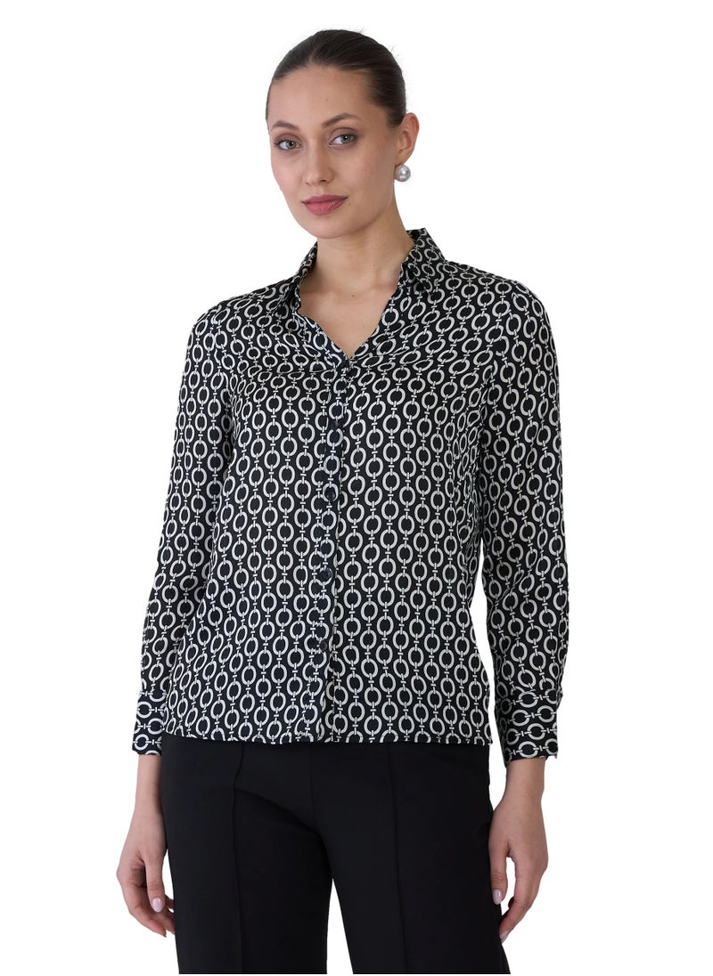 Salt Attire Women's Black & Ivory Geometric Print Shirt | V-Neck Collared Top with Button-Down Opening, Full-Length Cuffed Sleeves & Curved Hemline | Modern & Stylish Shirt  - Image 1