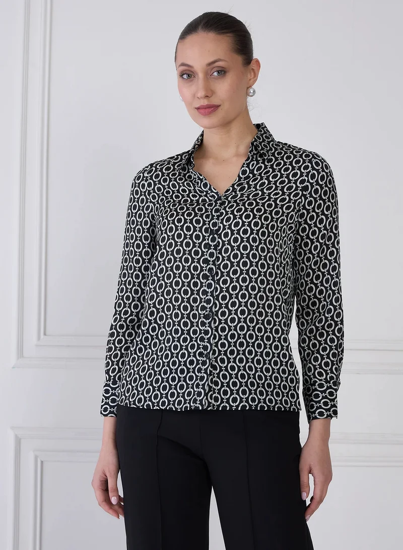 Salt Attire Women's Black & Ivory Geometric Print Shirt | V-Neck Collared Top with Button-Down Opening, Full-Length Cuffed Sleeves & Curved Hemline | Modern & Stylish Shirt