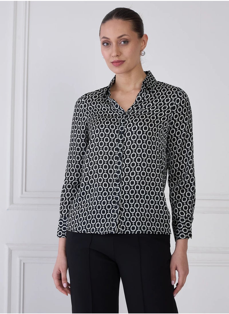 Salt Attire Women's Black & Ivory Geometric Print Shirt | V-Neck Collared Top with Button-Down Opening, Full-Length Cuffed Sleeves & Curved Hemline | Modern & Stylish Shirt  - Image 3