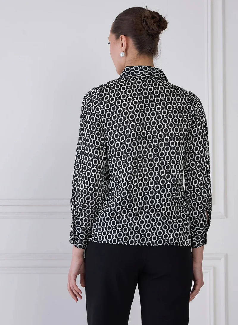 Salt Attire Women's Black & Ivory Geometric Print Shirt | V-Neck Collared Top with Button-Down Opening, Full-Length Cuffed Sleeves & Curved Hemline | Modern & Stylish Shirt