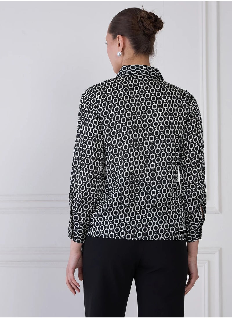 Salt Attire Women's Black & Ivory Geometric Print Shirt | V-Neck Collared Top with Button-Down Opening, Full-Length Cuffed Sleeves & Curved Hemline | Modern & Stylish Shirt  - Image 4