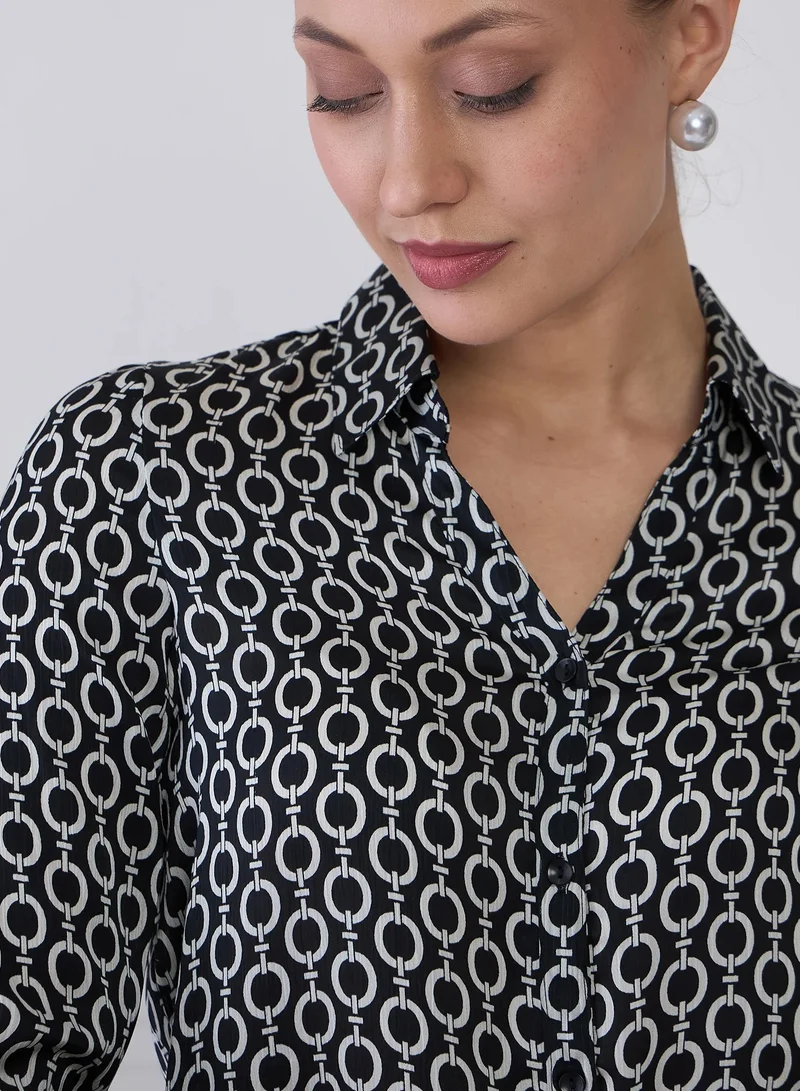 Salt Attire Women's Black & Ivory Geometric Print Shirt | V-Neck Collared Top with Button-Down Opening, Full-Length Cuffed Sleeves & Curved Hemline | Modern & Stylish Shirt