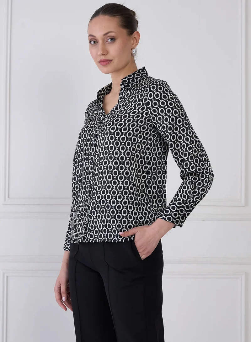 Salt Attire Women's Black & Ivory Geometric Print Shirt | V-Neck Collared Top with Button-Down Opening, Full-Length Cuffed Sleeves & Curved Hemline | Modern & Stylish Shirt