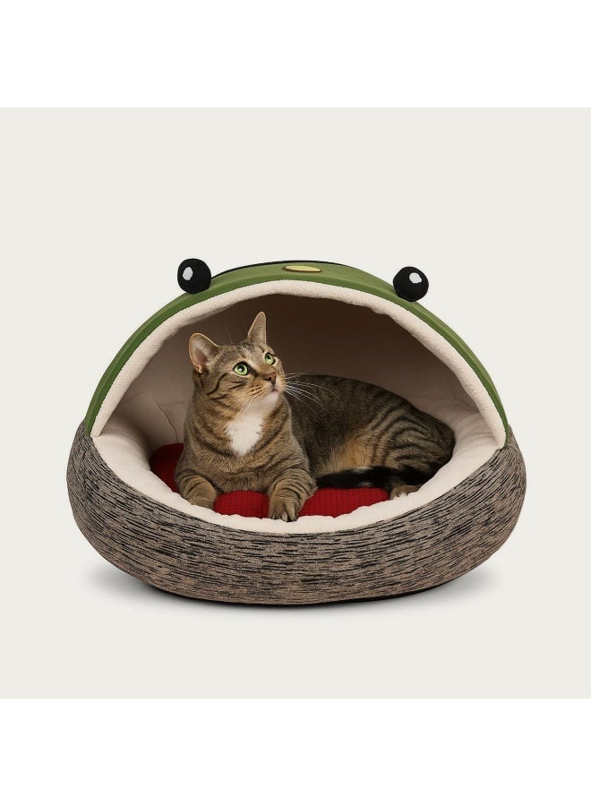 Frog Design Cat Cave Bed – Cozy Dome Pet House with Plush Cushion